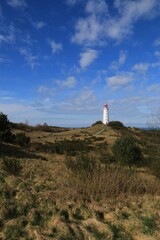 Poster - Gorgeous hillside landscape with lighthouse on the German Baltic island of Hiddensee in portrait format.