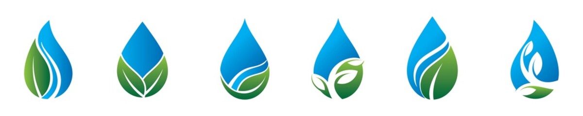 Wall Mural - Water drop icon with leaf, Clean Logo, eco natural aqua Blue green Logo Designs Concept, vector illustration