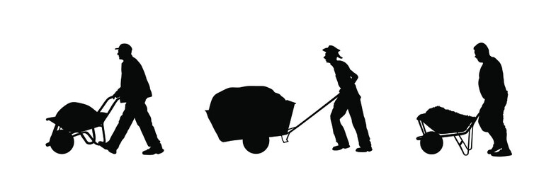 Construction workers with full wheelbarrow vector silhouette illustration. Man carrying loader with sand. Transportation carrying on cart. Worker with building material on site. Farmer pushing cart.