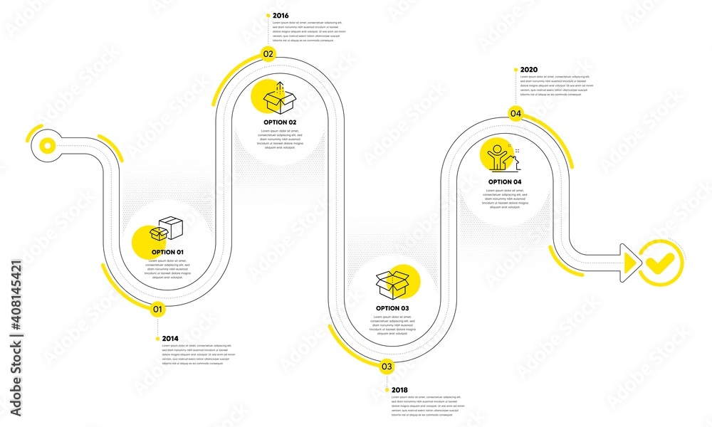 Open box, New house and Packing boxes line icons set. Timeline plan ...