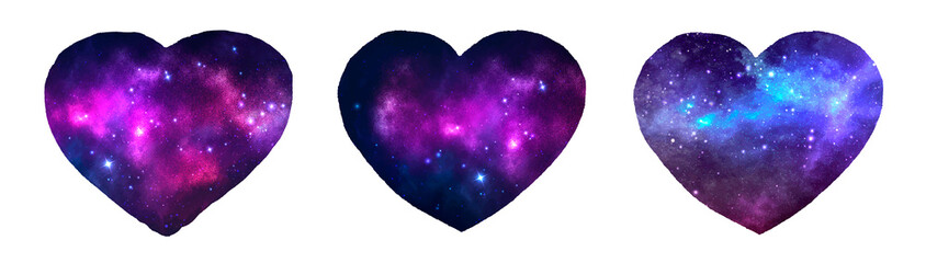Wall Mural - painted galaxy in heart shapes isolated on white background. happy valentine's day
