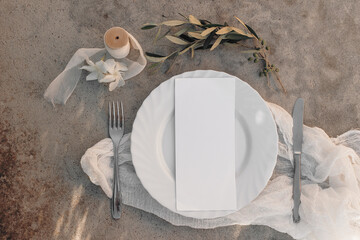 Poster - Festive summer summer setting with silver cutlery, olive branch and plate. Grunge concrete background in sunlight. Mediterranean wedding or restaurant menu concept. Flat lay, top view.
