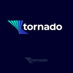 Sticker - Tornado logo. Twisted shapes like vortex and white letters. Blue tornado emblems. Monochrome option. 