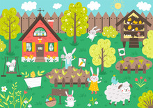 Vector Garden Scene With Cute Animals. Spring Scenery With Funny Bunny, Cottage, Sheep, Mouse, Chicks Gardening. Cute Easter Illustration With Rabbit Family House, Fence And Flowers. .