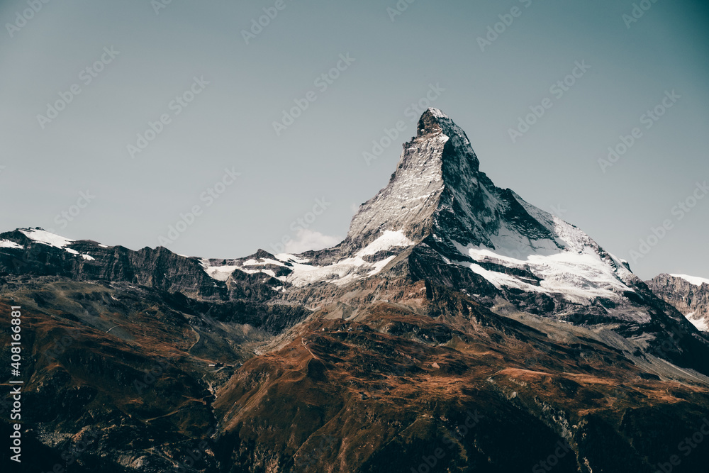 Mountain landscape with views of the Matterhorn peak in Zermatt, Switzerland - obrazy, fototapety, plakaty 