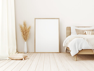 Poster - Vertical frame mockup standing on floor in boho bedroom interior with wooden bed, beige blanket, cushion with tassels, dried pampas grass on white wall background. 3d rendering, 3d illustration