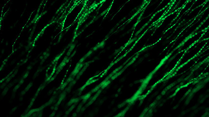 Leinwandbilder - Dynamic particles wave. Green dots on black background. Digital landscape. 3d rendering. Big data visualization 3D. Futuristic backdrop for design, wallpaper.