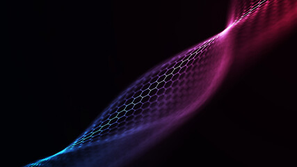 Wall Mural - abstract wave of connected hexagons. white hexagons on a dark blue background. 3d rendering