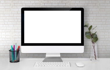 Wall Mural - mockup display screen blank computer on desk with white wall, office and workspace, monitor with emp