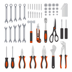 Wall Mural - Flat design concept mechanical tools, mechanical tools collection and carpentry tools in red isolated on white background