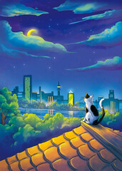 Wall Mural - Moon Night. Cat and Moon. City Scene. Fantasy Backdrop. Concept Art. Realistic Illustration. Video Game Background. Digital Painting. CG Artwork. Nature Scenery. Serious Painting. Book Illustration.