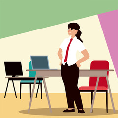 Wall Mural - business people, businesswoman with computer desks and chair office