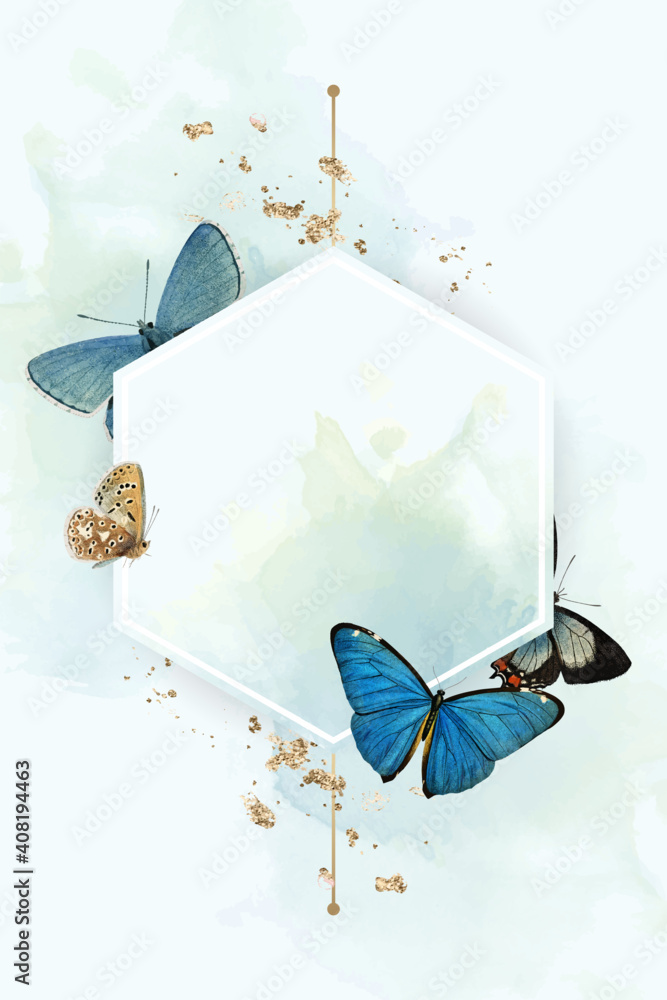 Hexagon frame with blue butterflies patterned background vector Stock ...