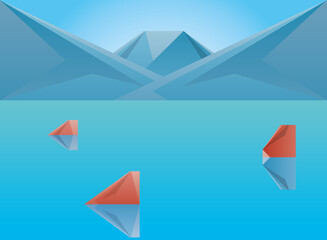 Wall Mural - Polygonal landscape of sea with stones and mountains vector design