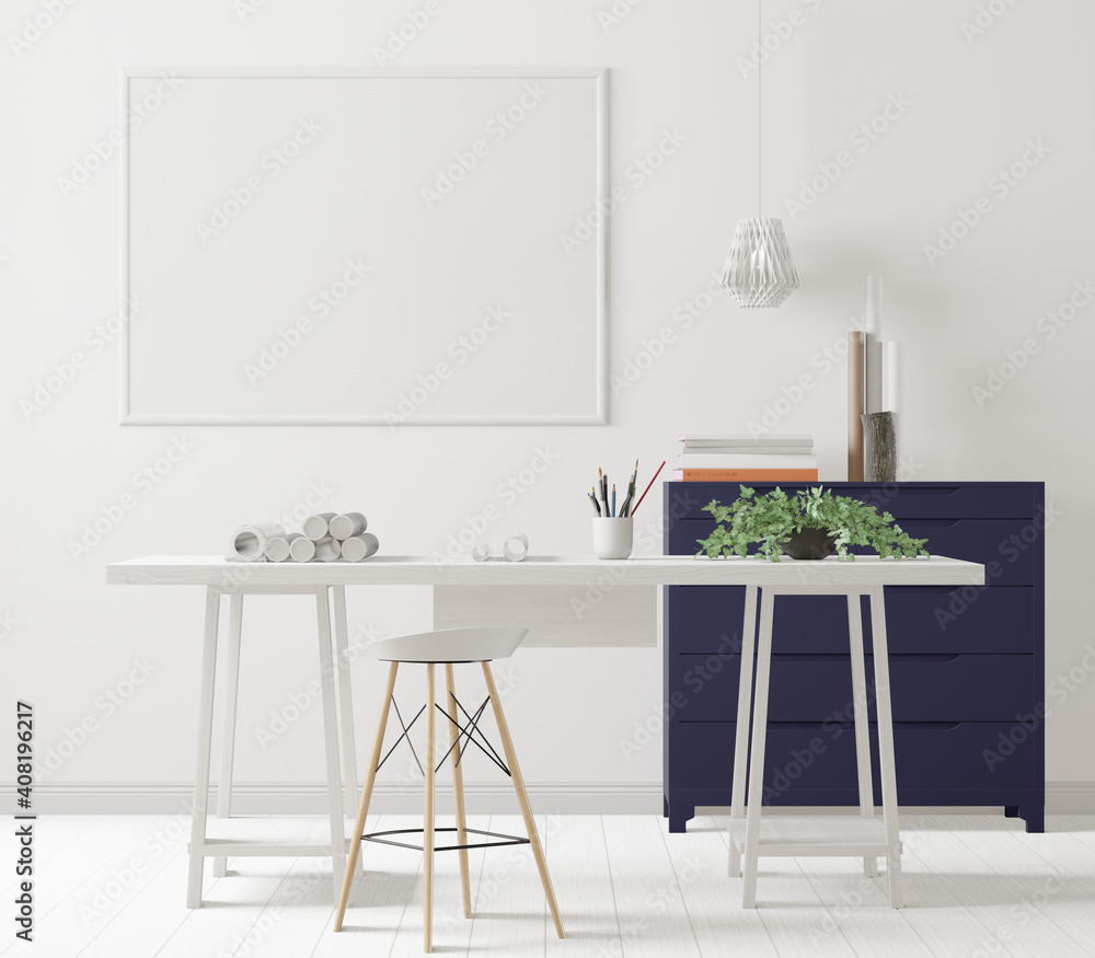 A mock up poster frame in modern interior background behind of working ...