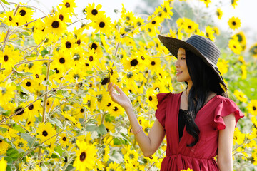 Wall Mural - girl in a field of sunflowers