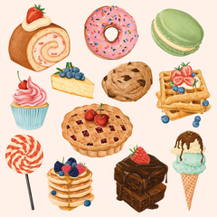 Wall Mural - Delicious hand painted desserts vector set