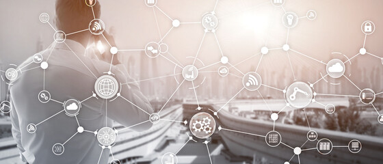 Wall Mural - technology industrial business process workflow organisation structure on virtual screen. iot smart 