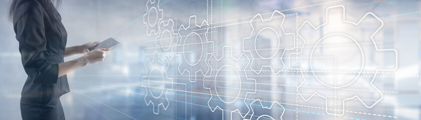 Wall Mural - gear icon on virtual screen. horizontal panorama. financial banner for the site.