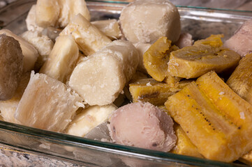 Bacalao and verdura recipe. A mix of Puerto Rican tubers including yuca, yautia, batata, plantain, and regular potatoes