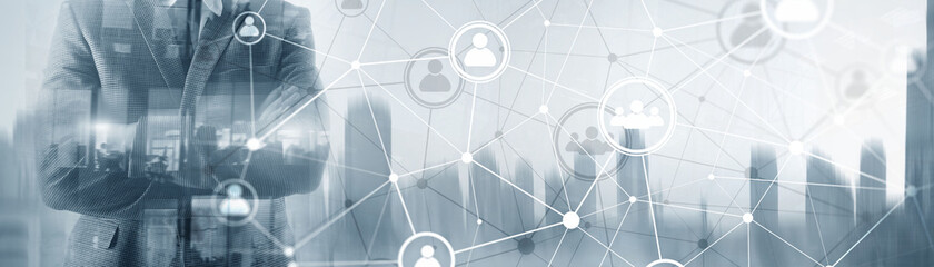 Wall Mural - background conceptual image with social connection lines on panoramic fone.