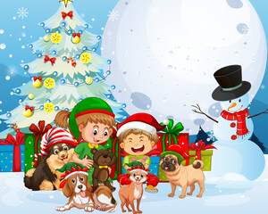 Christmas outdoor scene with many children and cute dogs