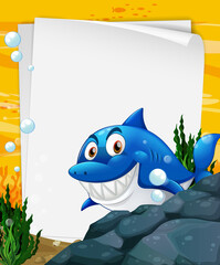 Wall Mural - Blank paper template with a shark cartoon character in the underwater scene