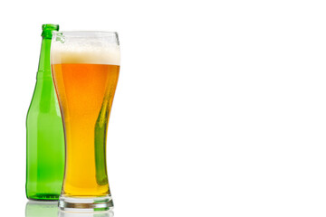 Wall Mural - glass with beer and green bottle isolated on white