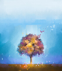 Illustration colorful autumn forest. Abstract image of fall season, yellow and red leaf on tree, field, meadow, outdoor landscape. Nature painting with oil paint. Modern art for wallpaper background