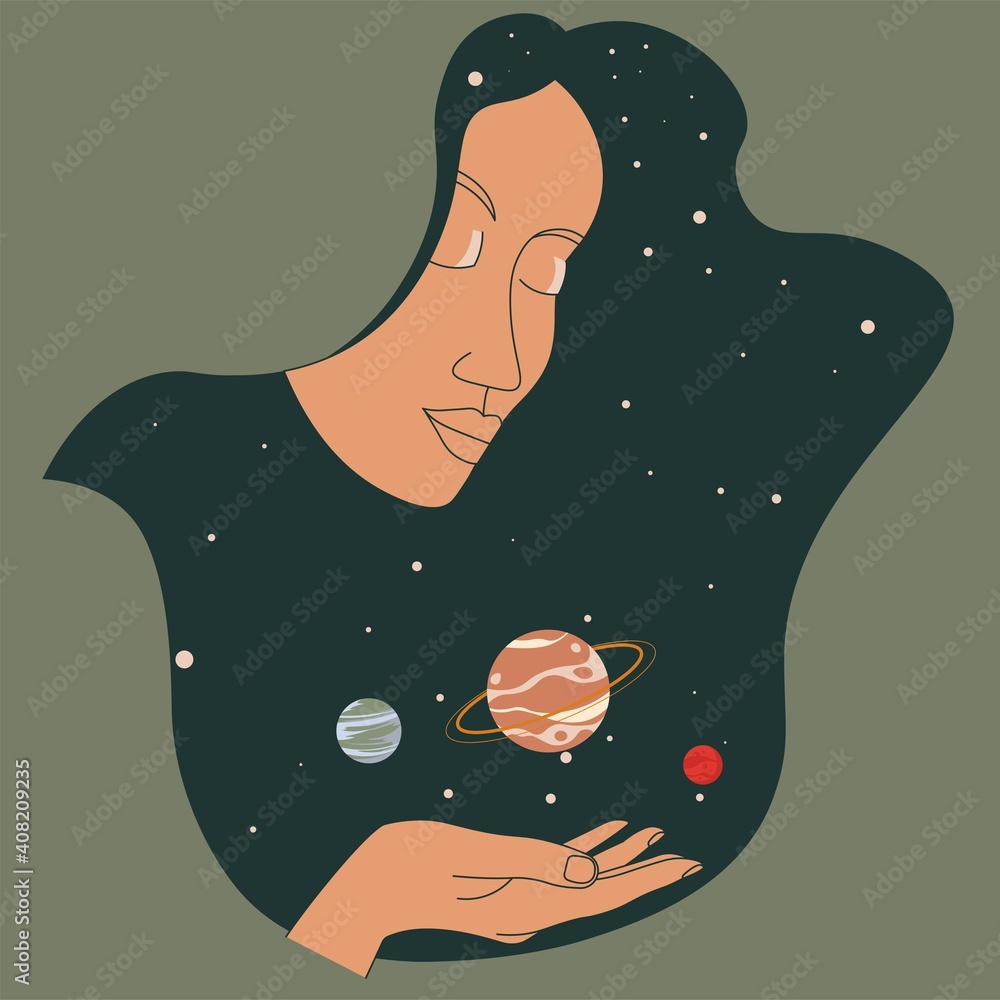 Female character holding planets in outer space - obrazy, fototapety, plakaty 