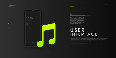 UI design concept of music edition. Conceptual illustration of smartphone, mobile app or website with multiple option in luxury black background- Vector Illustration.