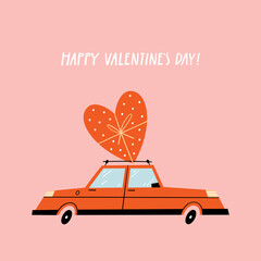 Wall Mural - Valentine's Day greeting card with retro car. 