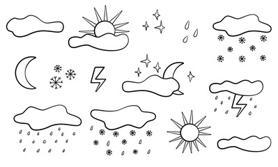 Doodle weather set. Doodle clouds, sun, light and rain. Sketch i