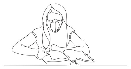 Wall Mural - continuous line drawing of girl reading book wearing face mask