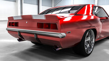 3D Realistic Illustration. Muscle Red Car Rendering In Garage. Vintage Classic Sport Car. Back Side View. Rear Chrome Wheel And Back Bumper Closeup. Red Tail Lights. Two Mufflers.