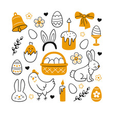 Cute Easter Doodle Set - Bunny, Basket, Easter Eggs, Cakes, Chicken, Willow Twigs And Candles. Vector Drawings Illustration Isolated On White Background