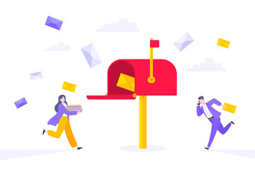 Subscribe now to our newsletter vector illustration with tiny people running toward mailbox. Email news subscription or mail marketing business flat style design concept.