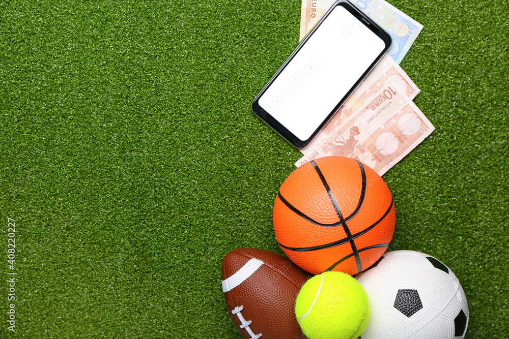 Money, mobile phone and balls on color background. Concept of sports bet - obrazy, fototapety, plakaty 