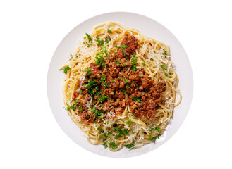 Canvas Print - plate of pasta bolognese isolated on white background