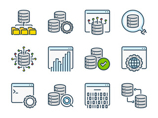 Wall Mural - Database and Data storage related vector line color icons. Network database services outline colorful icon set.