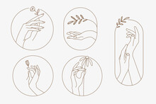 Set Of Modern Line Hands Concepts For Beauty, Cosmetics, Healthcare, Body Care, Fashion. Vector Illustration Elements For Graphic And Web Design, Marketing Material, Product Presentation, Social Media