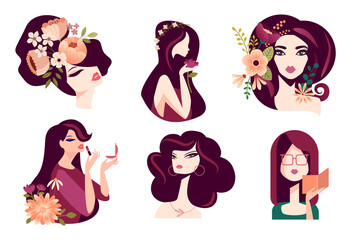 Wall Mural - set of woman illustration concepts for beauty, cosmetics, fashion. flat design vector for graphic an
