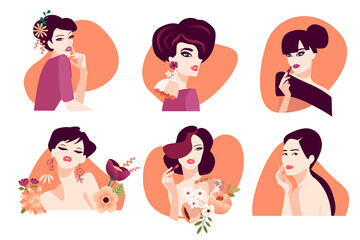 Wall Mural - set of woman illustration concepts for beauty, cosmetics, healthcare, fashion. flat design vector fo