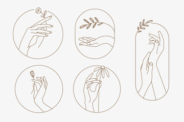 Wall Mural - Set of modern line hands concepts for beauty, cosmetics, healthcare, body care, fashion. Vector illustration elements for graphic and web design, marketing material, product presentation, social media
