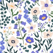 Gorgeous Seamless Floral Pattern With Bluebells And Forget-me-nots. Endless Design With Delicate Wild Flowers For Printing And Decoration. Repeatable Botanical Backdrop. Color Flat Vector Illustration