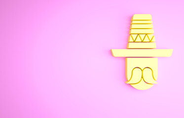 Sticker - Yellow Mexican man wearing sombrero icon isolated on pink background. Hispanic man with a mustache. Minimalism concept. 3d illustration 3D render.