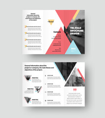 Canvas Print - trifold brochure vector template with triangular design, with place for photo, realistic shadows. le