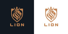 Lion Head Shield Logo Icon. Royal Gold Crown Badge Symbol. Premium King Animal Sign. Vector Illustration.