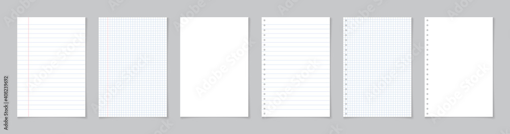 Paper page of notebook. School sheet with lines and grid. White sheets for notes. Notepad for mathematics and letter. Realistic blank notepaper with shadow isolated on gray background. Vector - obrazy, fototapety, plakaty 