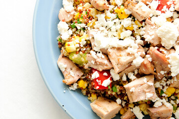 Poster - gluten free salad made with quinoa, chicken, feta and fresh hei